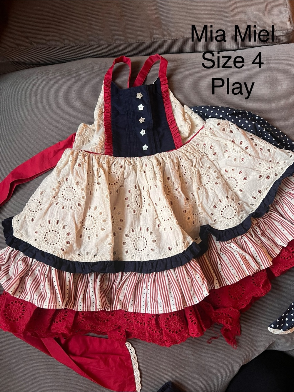 Girls' Red, Navy & Cream Eyelet Layered Dress - Size 4